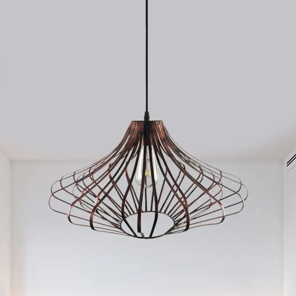 Country Style Wire Cage Pendant Lamp - Metal 1 Light Brass/Rust Ceiling Adjustable Cord Rust