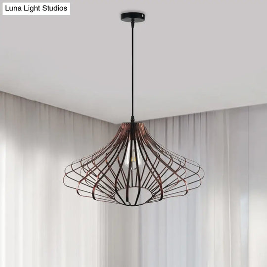 Country Style Wire Cage Pendant Lamp - Metal 1 Light Brass/Rust Ceiling Adjustable Cord