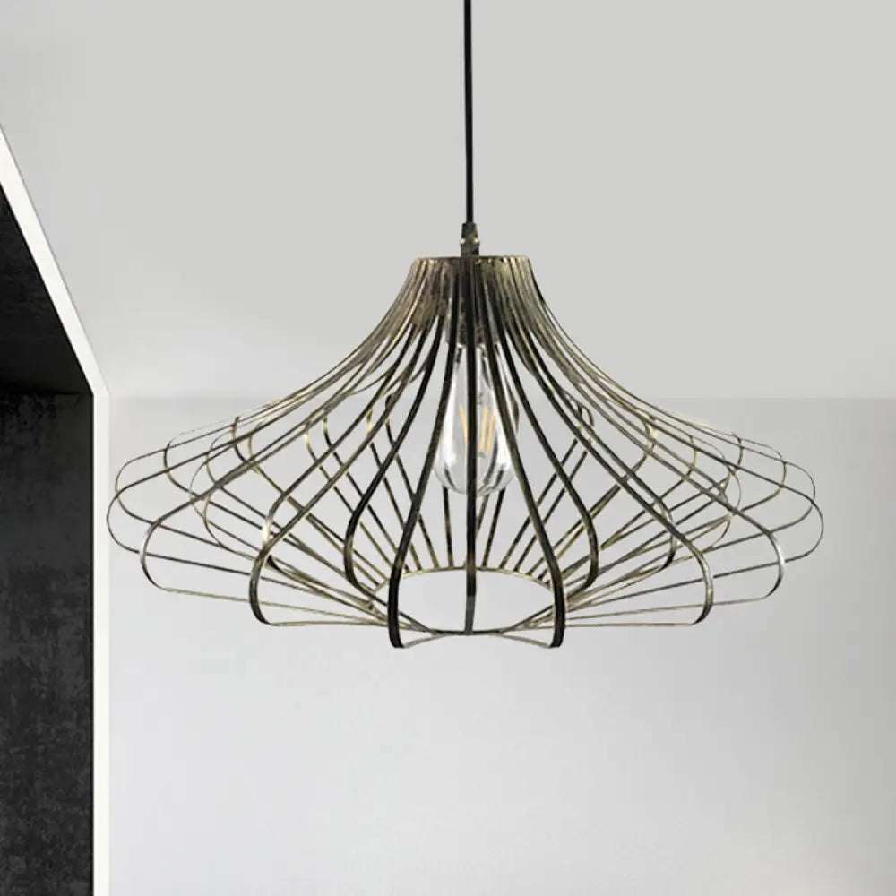 Country Style Wire Cage Pendant Lamp - Metal 1 Light Brass/Rust Ceiling Adjustable Cord Brass