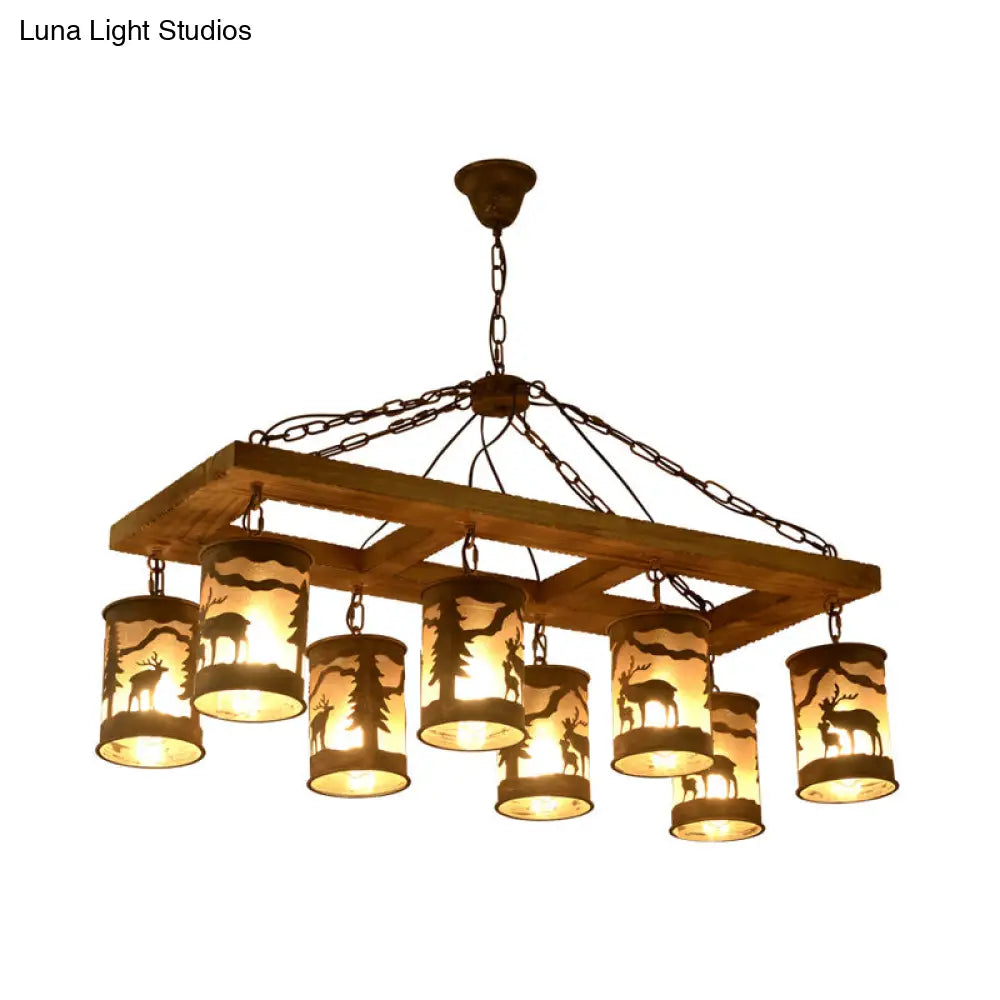 Country Style Wood And Metal 8-Light Linear Ceiling Chandelier - Bronze Finish