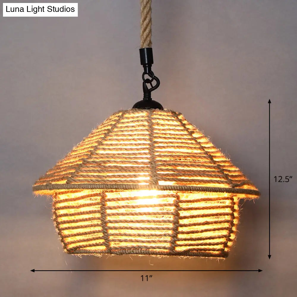 Rustic Wood And Rope Hanging Pendant Light For Restaurants With Single Cage Shade