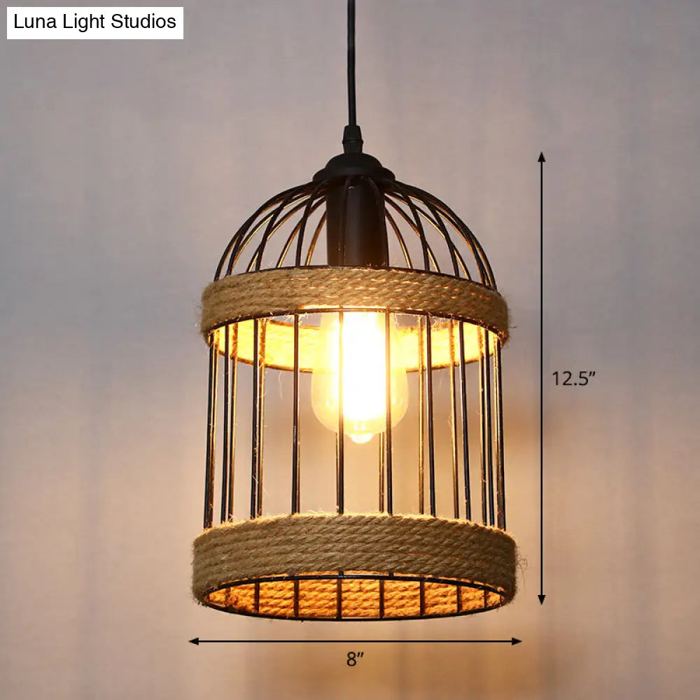 Rustic Wood And Rope Hanging Pendant Light For Restaurants With Single Cage Shade