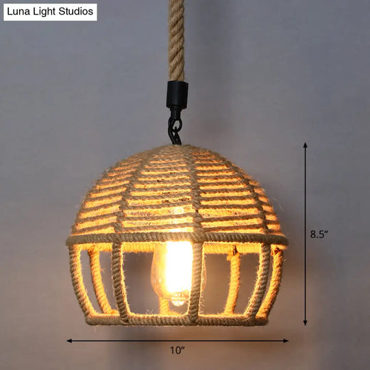 Country Style Wood Rope Pendant Light For Restaurants - Single Cage Shade Suspension