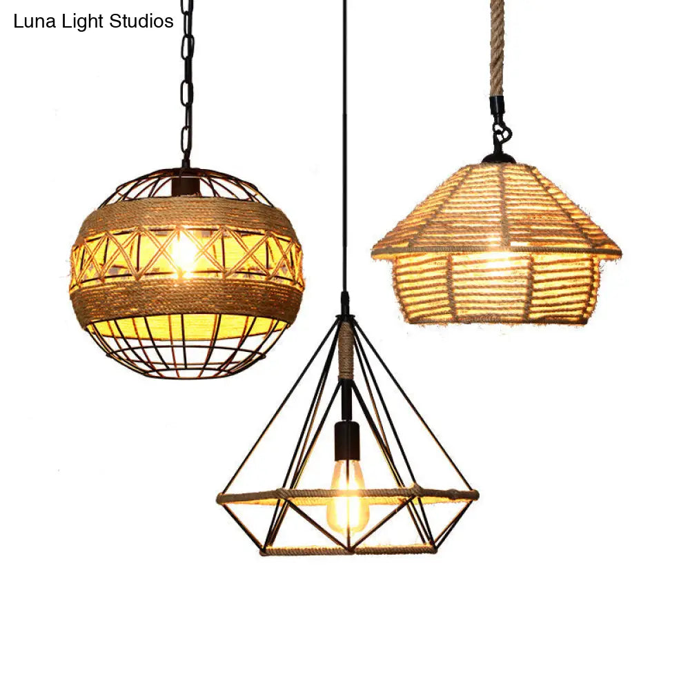 Rustic Wood And Rope Hanging Pendant Light For Restaurants With Single Cage Shade / Diamond