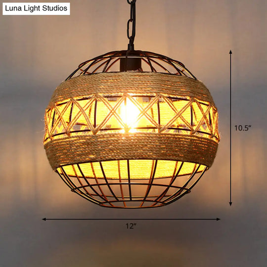 Rustic Wood And Rope Hanging Pendant Light For Restaurants With Single Cage Shade