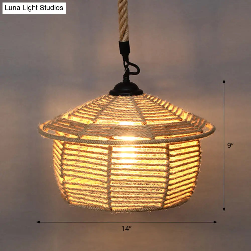 Country Style Wood Rope Pendant Light For Restaurants - Single Cage Shade Suspension