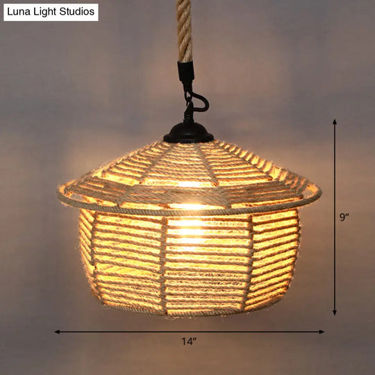 Country Style Wood Rope Pendant Light For Restaurants - Single Cage Shade Suspension