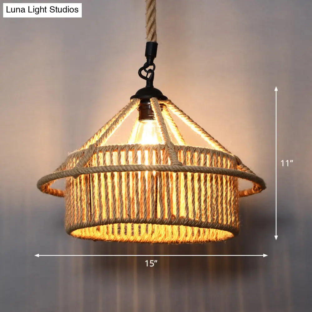 Rustic Wood And Rope Hanging Pendant Light For Restaurants With Single Cage Shade