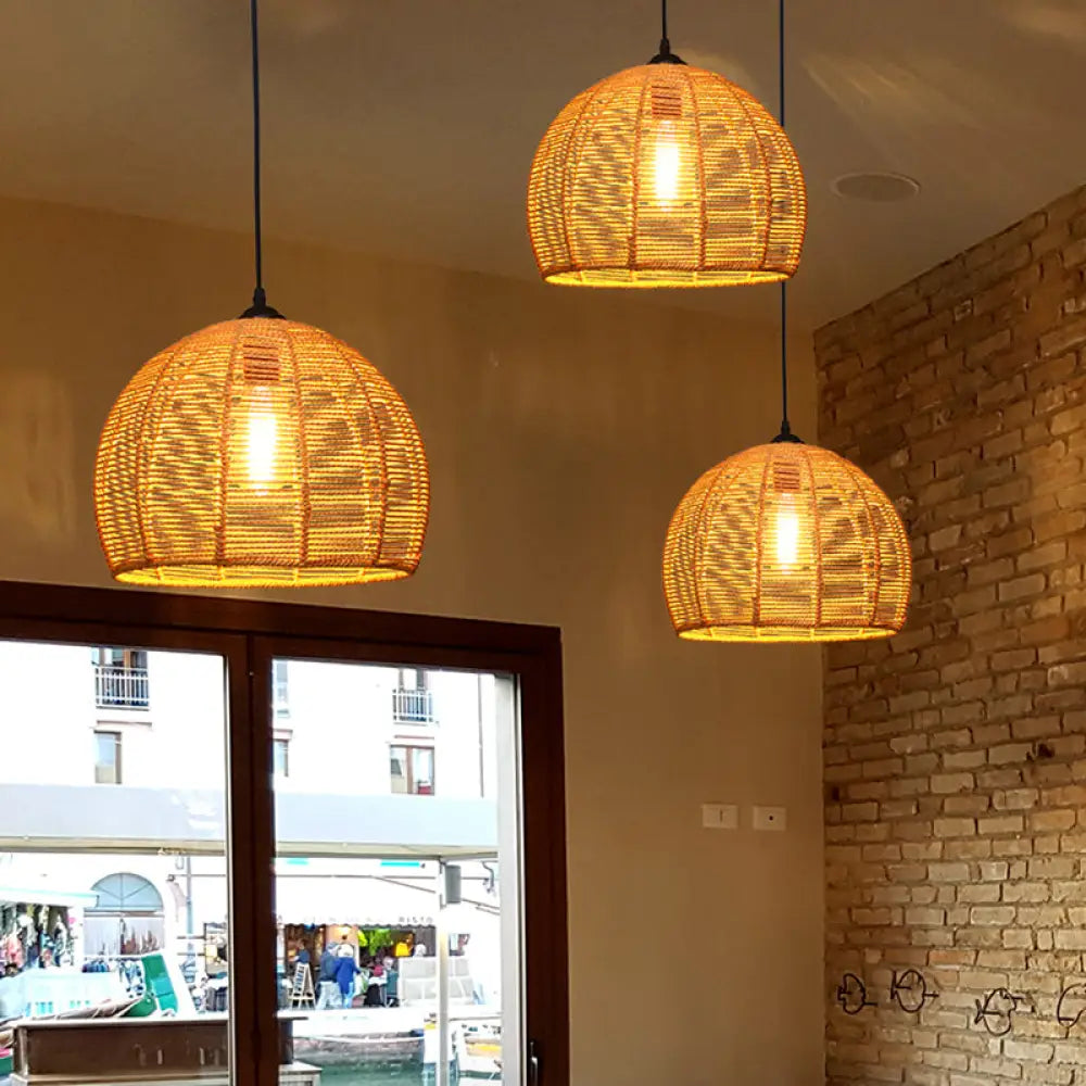 Country Style Wood Rope Pendant Light For Restaurants - Single Cage Shade Suspension / Semicircle