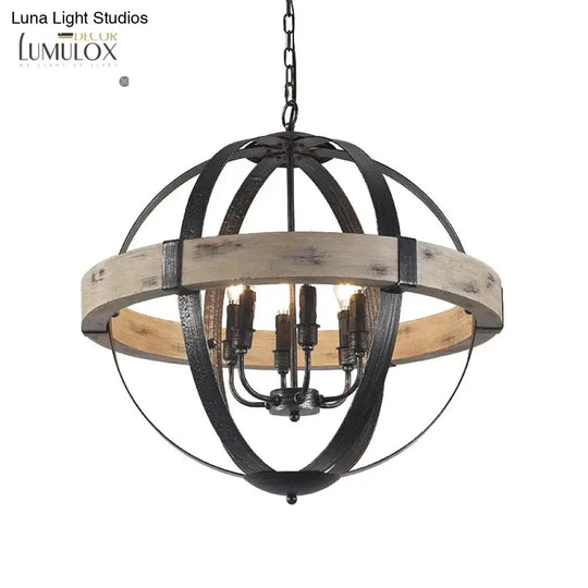 Country Style Wood Strap Globe Pendant Chandelier In Black