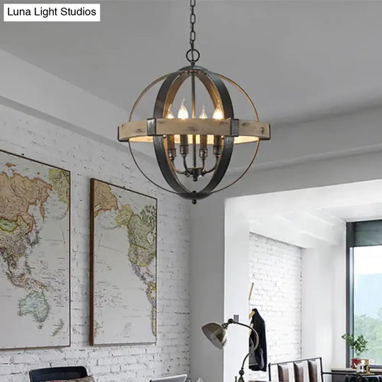 Country Style Wood Strap Globe Pendant Chandelier In Black