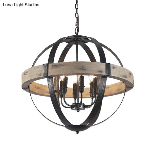 Black Wood Strap Globe Pendant Chandelier Kit - Country Living Room Hanging Lamp