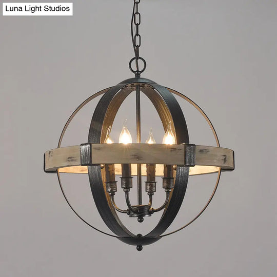 Black Wood Strap Globe Pendant Chandelier Kit - Country Living Room Hanging Lamp 6 /