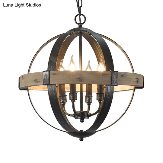 Black Wood Strap Globe Pendant Chandelier Kit - Country Living Room Hanging Lamp