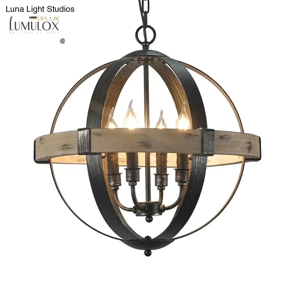 Country Style Wood Strap Globe Pendant Chandelier In Black