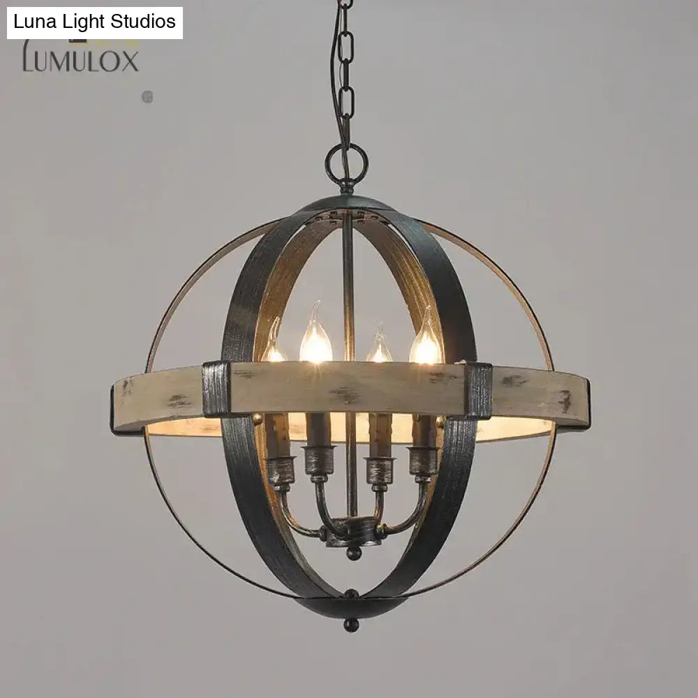 Country Style Wood Strap Globe Pendant Chandelier In Black