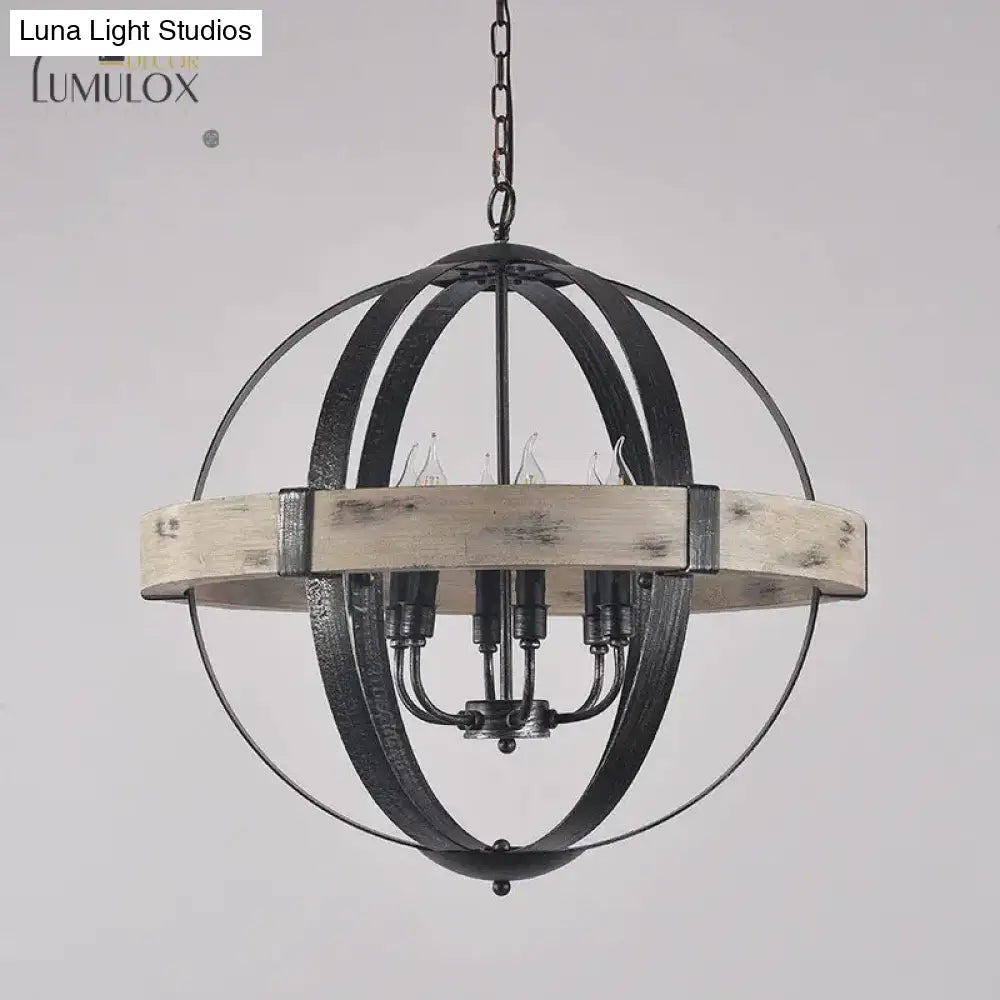 Country Style Wood Strap Globe Pendant Chandelier In Black