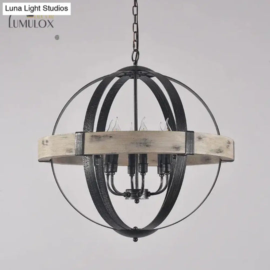 Country Style Wood Strap Globe Pendant Chandelier In Black