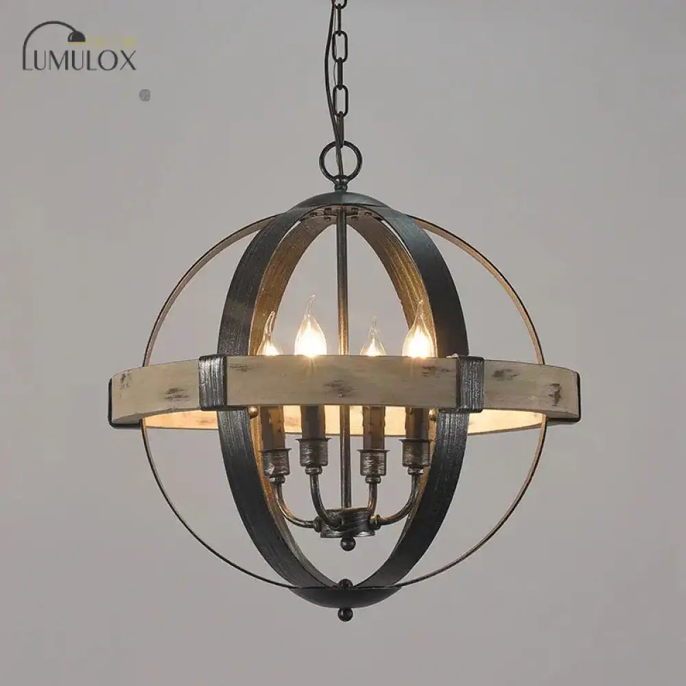 Country Style Wood Strap Globe Pendant Chandelier In Black 6 /