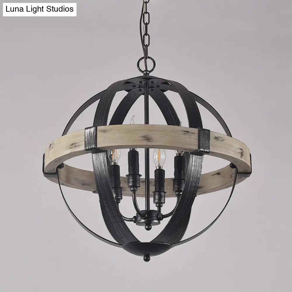 Black Wood Strap Globe Pendant Chandelier Kit - Country Living Room Hanging Lamp 4 /