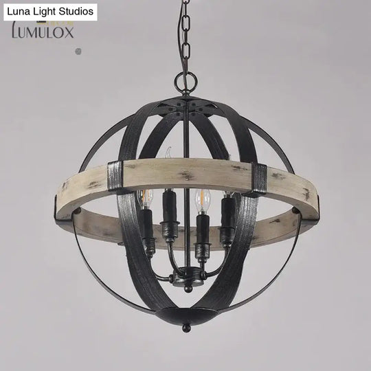 Country Style Wood Strap Globe Pendant Chandelier In Black