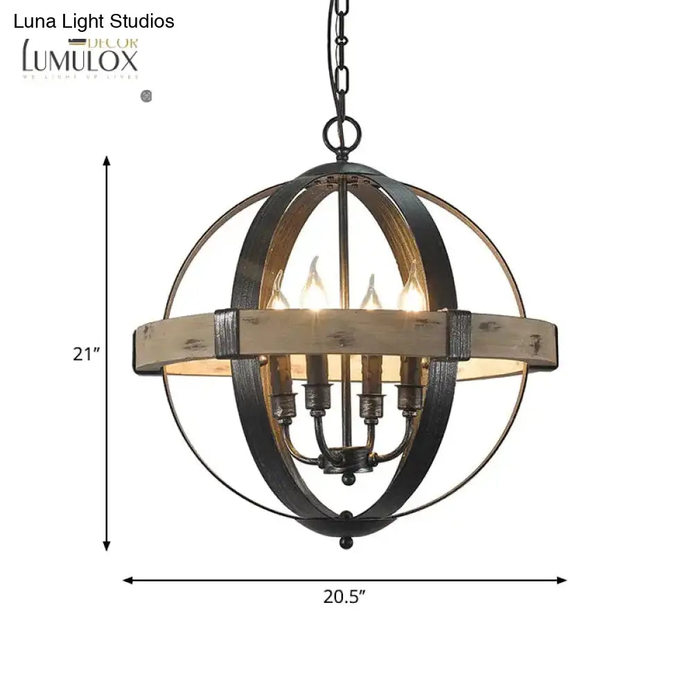 Country Style Wood Strap Globe Pendant Chandelier In Black