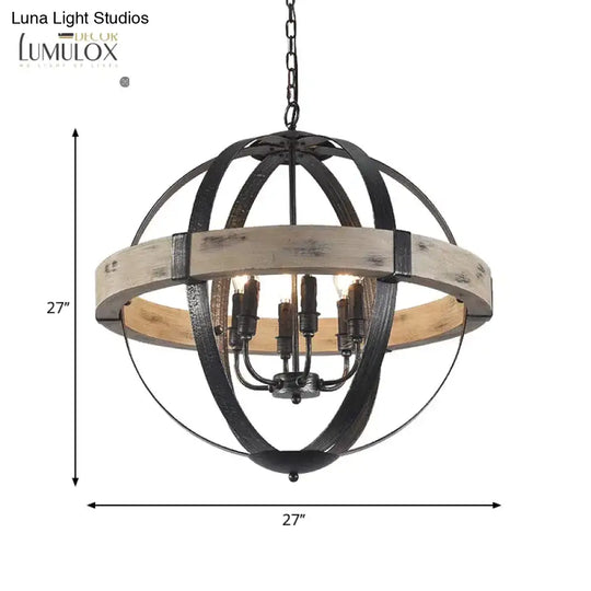 Country Style Wood Strap Globe Pendant Chandelier In Black