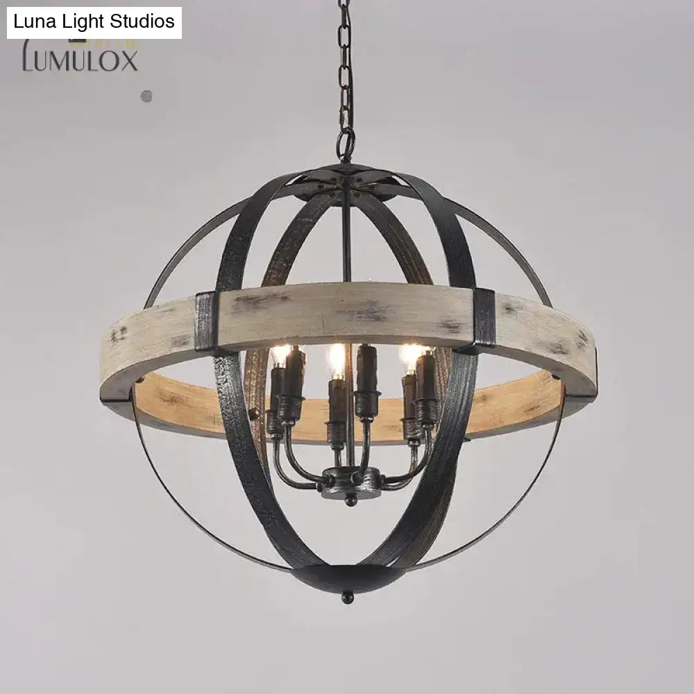 Country Style Wood Strap Globe Pendant Chandelier In Black