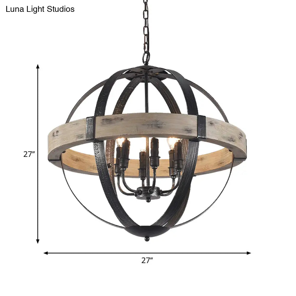 Black Wood Strap Globe Pendant Chandelier Kit - Country Living Room Hanging Lamp