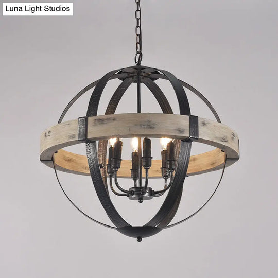 Black Wood Strap Globe Pendant Chandelier Kit - Country Living Room Hanging Lamp