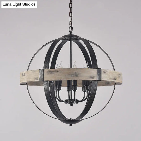 Black Wood Strap Globe Pendant Chandelier Kit - Country Living Room Hanging Lamp