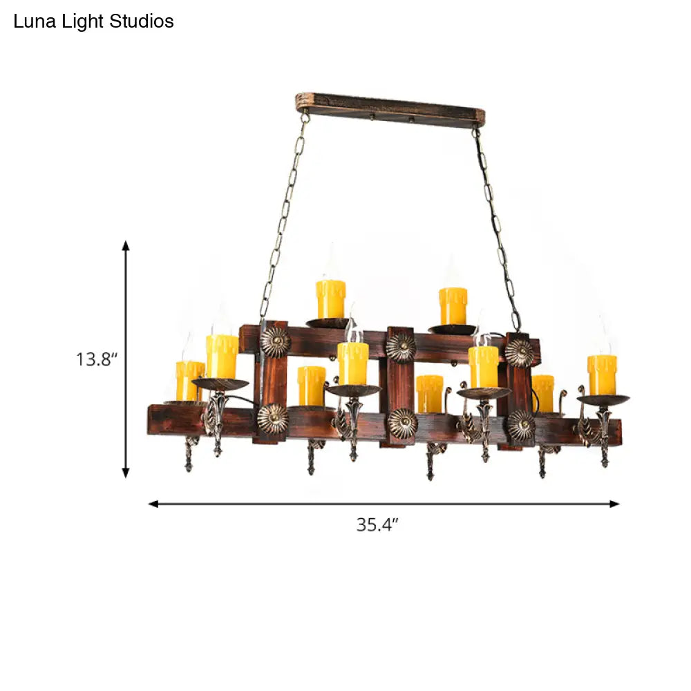 Country Style Wooden Island Lighting Fixture - Brown Candle Design 7/10 Heads Ideal For Dining Room