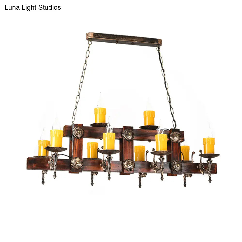 Country Style Wooden Island Lighting Fixture - Brown Candle Design 7/10 Heads Ideal For Dining Room