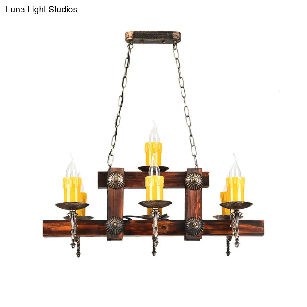 Country Style Wooden Island Lighting Fixture - Brown Candle Design 7/10 Heads Ideal For Dining Room