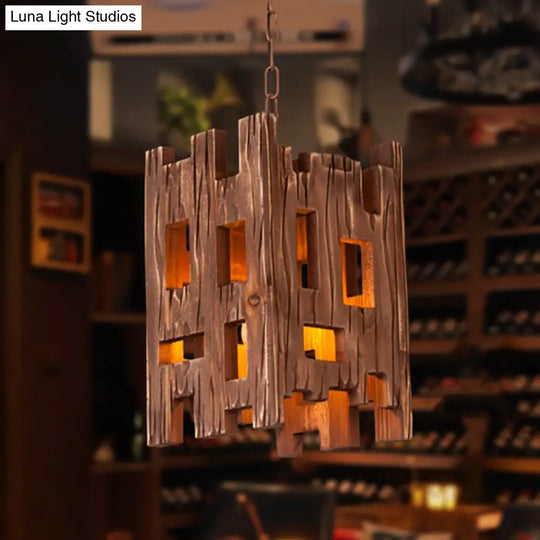 Country Style Wooden Pendant Lamp With Adjustable Chain - Brown Rectangular Design 1 Bulb Hanging