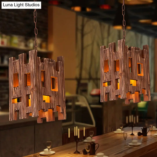 Country Style Wooden Pendant Lamp With Adjustable Chain - Brown Rectangular Design 1 Bulb Hanging