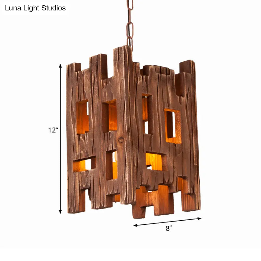 Country Style Wooden Pendant Lamp With Adjustable Chain - Brown Rectangular Design 1 Bulb Hanging