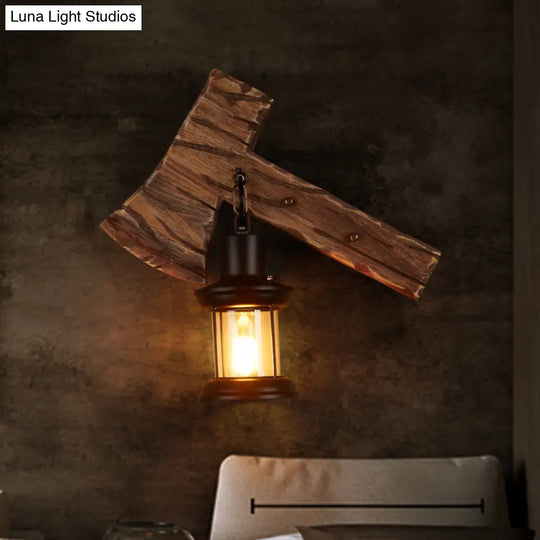 Country Style Wooden Wall Sconce With Lantern Shade - Bedroom Lighting