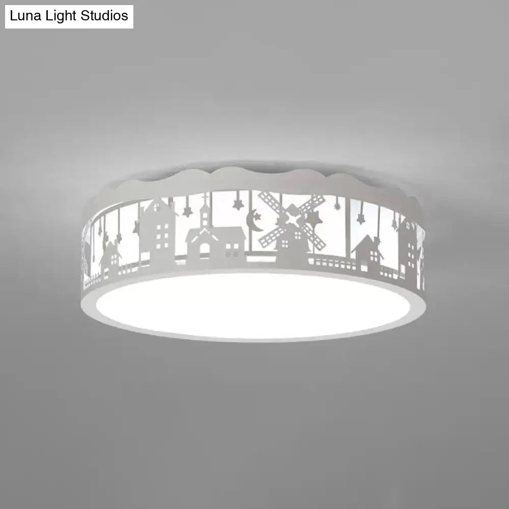Country View Nordic Style Drum Ceiling Lamp For Living Rooms: Metal Flush Light White