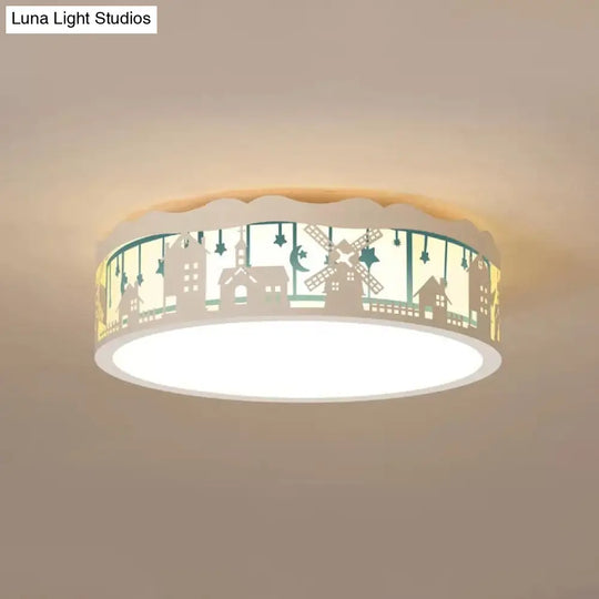 Country View Nordic Style Drum Ceiling Lamp For Living Rooms: Metal Flush Light Blue