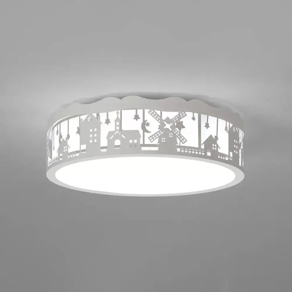 Country View Nordic Style Drum Ceiling Lamp For Living Rooms: Metal Flush Light White