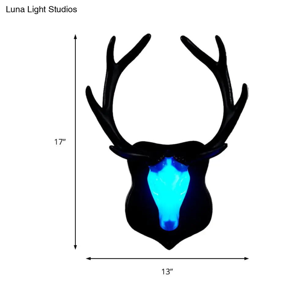 Country White/Blue Led Deer Wall Lamp: Rustic Resin Sconce Light For Living Room With Antler Design