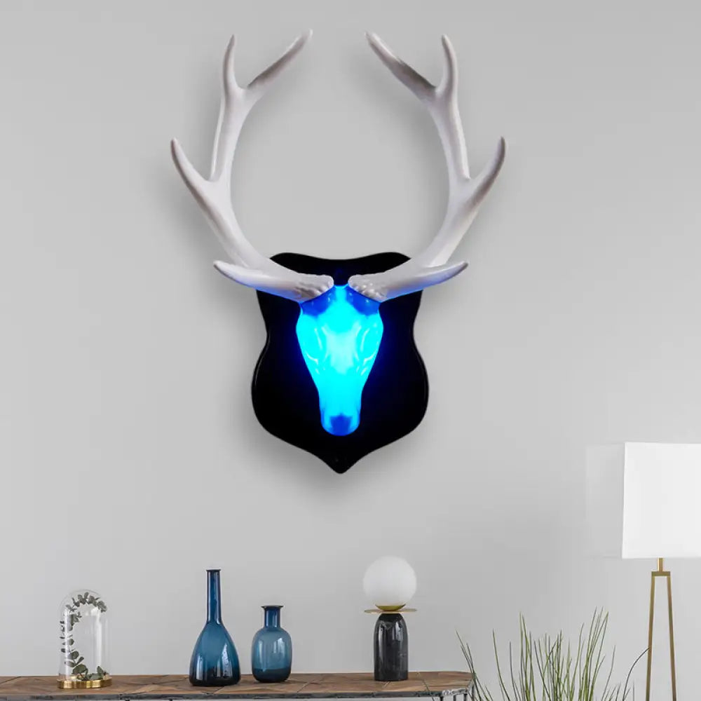 Country White/Blue Led Deer Wall Lamp: Rustic Resin Sconce Light For Living Room With Antler Design