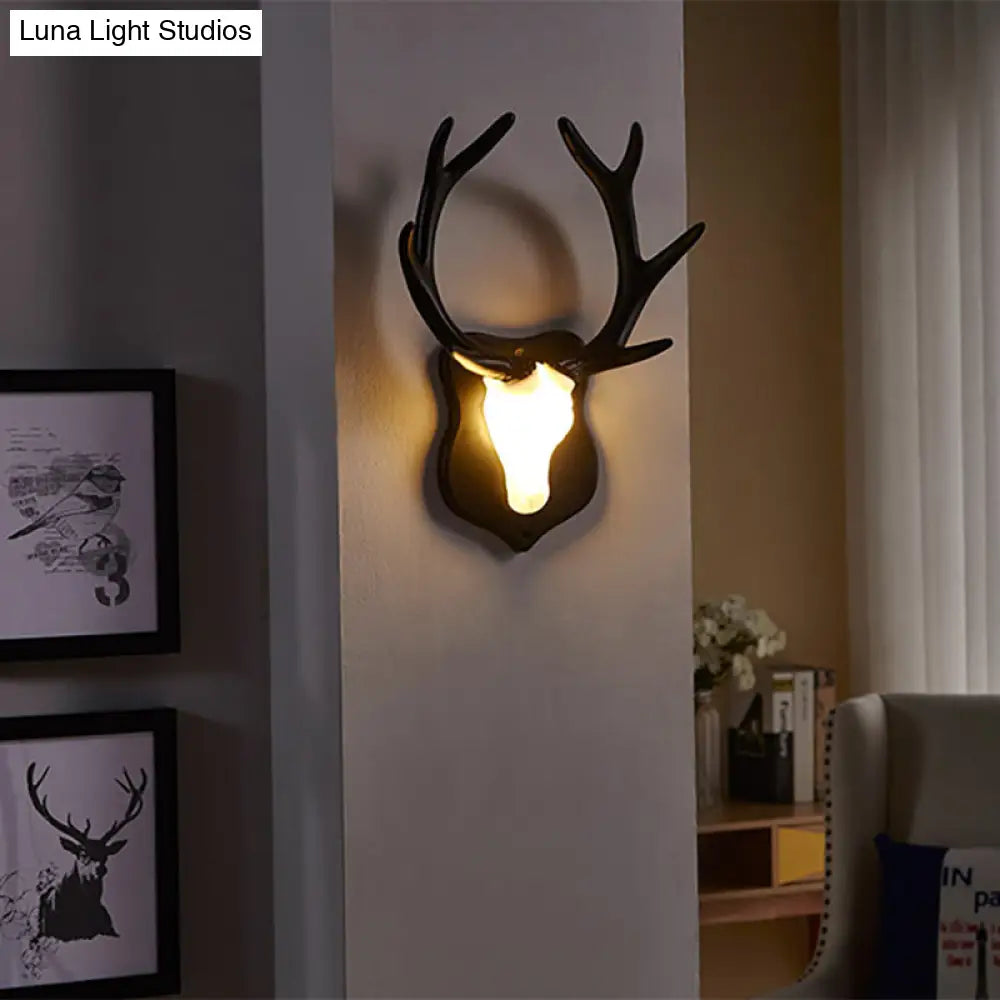 Country White/Blue Led Deer Wall Lamp: Rustic Resin Sconce Light For Living Room With Antler Design