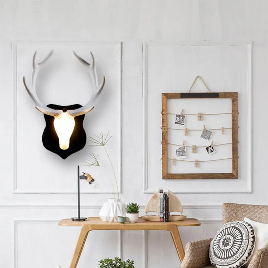 Country White/Blue Led Deer Wall Lamp: Rustic Resin Sconce Light For Living Room With Antler Design