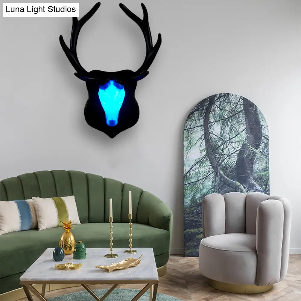 Country White/Blue Led Deer Wall Lamp: Rustic Resin Sconce Light For Living Room With Antler Design