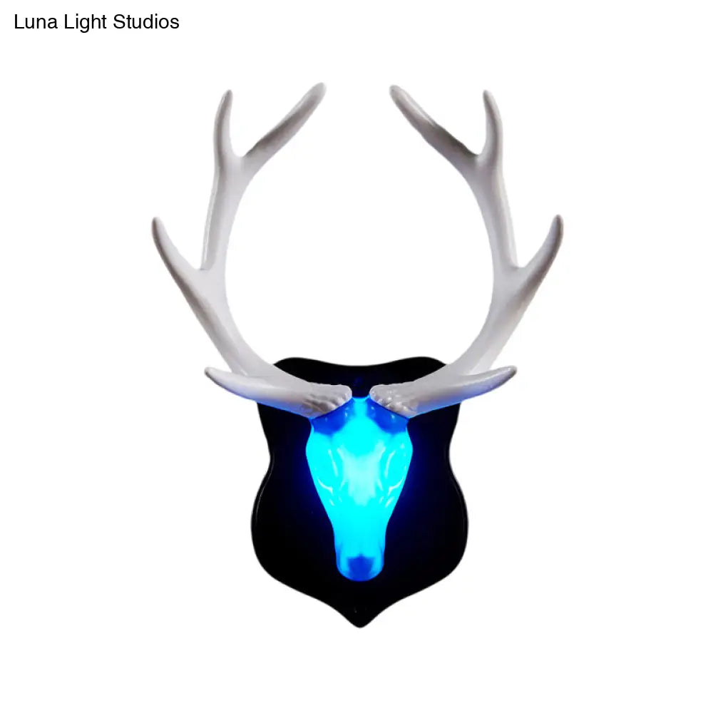 Country White/Blue Led Deer Wall Lamp: Rustic Resin Sconce Light For Living Room With Antler Design