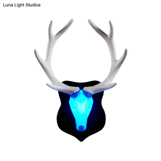 Country White/Blue Led Deer Wall Lamp: Rustic Resin Sconce Light For Living Room With Antler Design