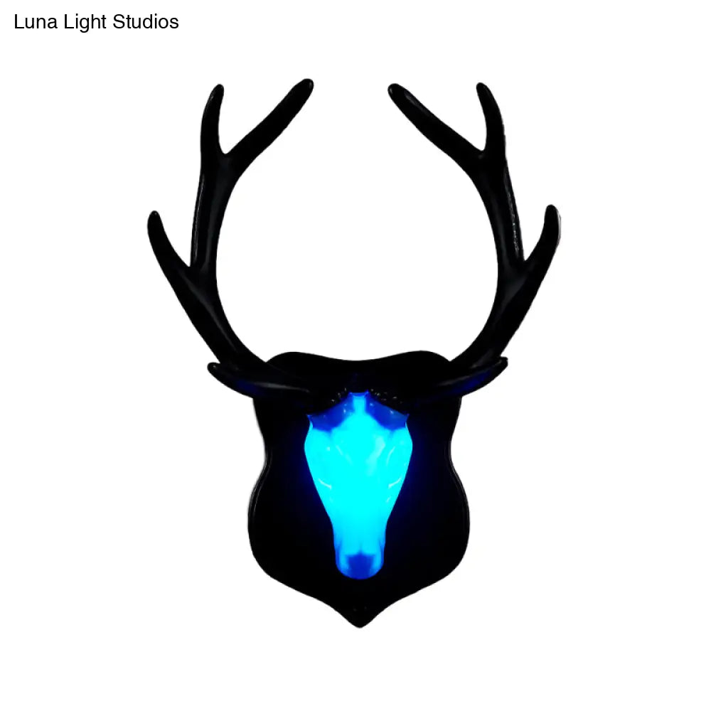 Country White/Blue Led Deer Wall Lamp: Rustic Resin Sconce Light For Living Room With Antler Design