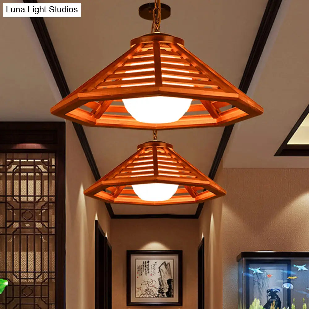 Country Wood Cone Ceiling Pendant Light - Beige/Red Brown 13/19.5 Wide 1 Restaurant Suspension Lamp